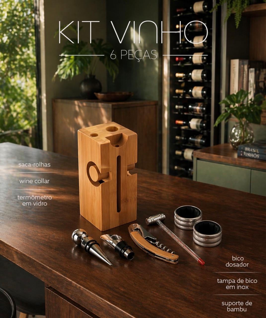 Kit para Vinho 6 Peças Inox e Bambu com Suporte Acoplado S71191