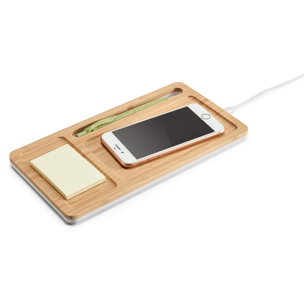 Organizador de Mesa USB Bambu e ABS com Carregador de Celular por Indução e Suporte Celular Sg11975 - Imagem 4