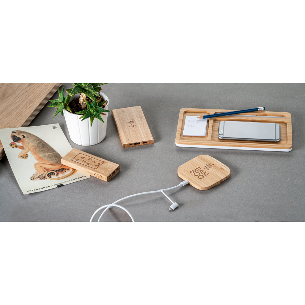 Organizador de Mesa USB Bambu e ABS com Carregador de Celular por Indução e Suporte Celular Sg11975 - Imagem 2
