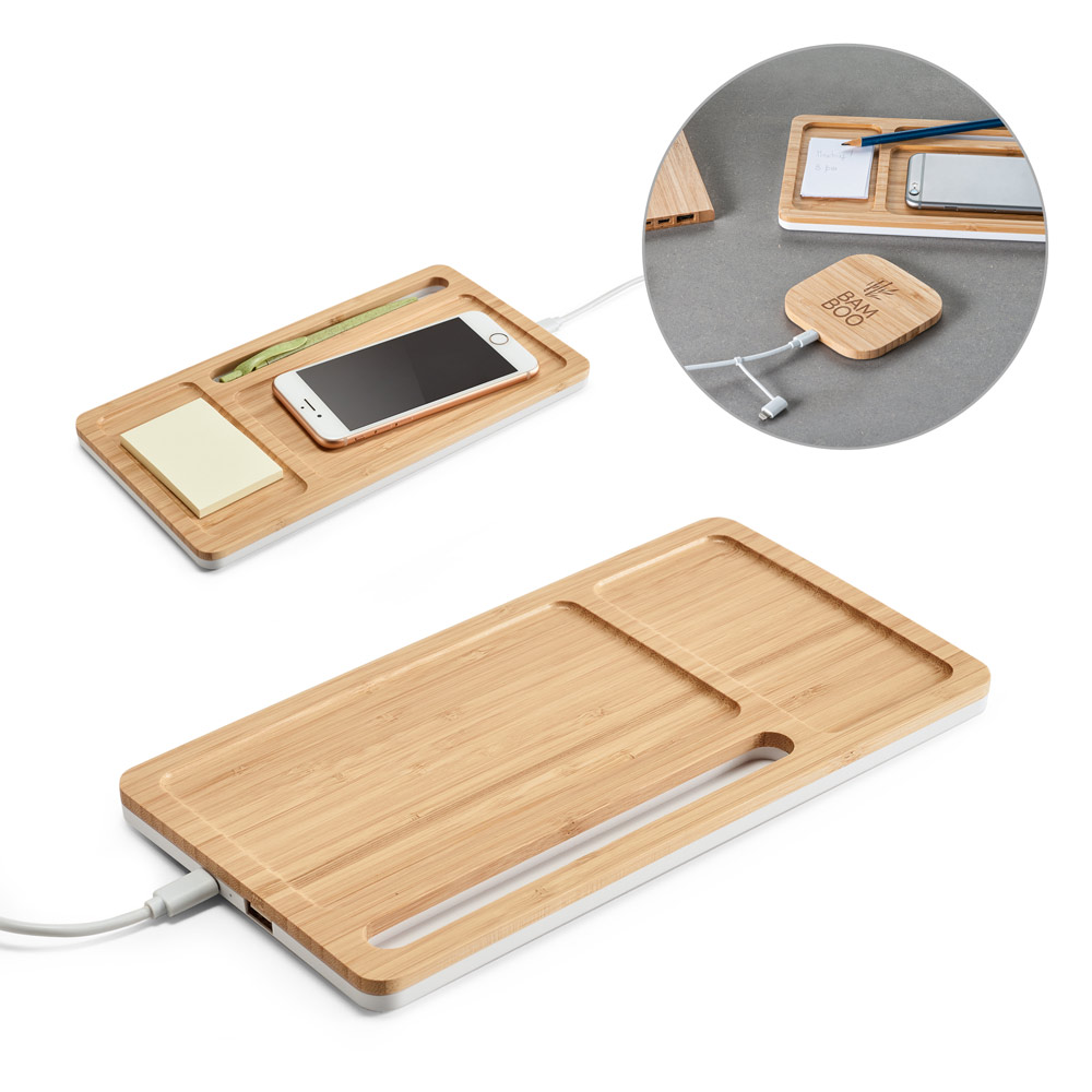 Organizador de Mesa USB Bambu e ABS com Carregador de Celular por Indução e Suporte Celular Sg11975