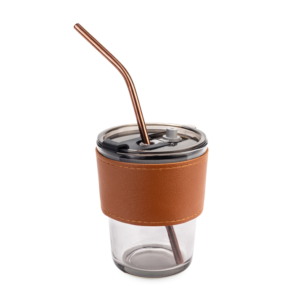 Copo Vidro 350ml Tampa Canudo Metal Luva de Couro Sintético S96451@e - Imagem 4