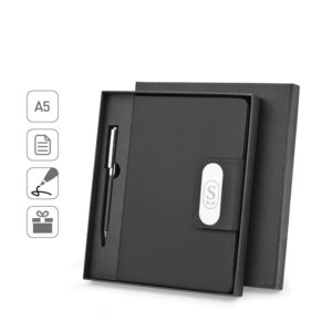 Conjunto Executivo Caneta Aluminio, Caderno Moleskine A5 com Placa Aço PU e Aluminio e Estojo Cartonado Sg86639