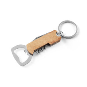 Chaveiro 3 em 1 Abridor, Saca-rolhas e Canivete Aço Inox e Madeira de Bambu Sg78059