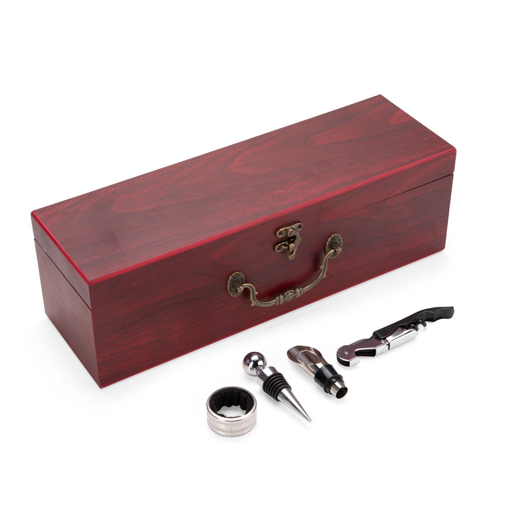 Kit Executivo Vinho Estojo MDF 4 Acessórios (saca-rolhas 2 estagios, wine collar, bico dosador e tampa de bico) S32191 - Imagem 2