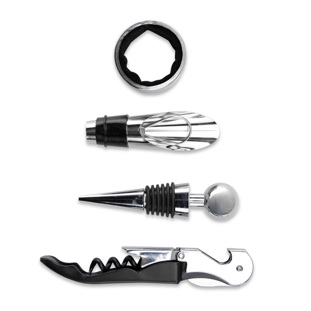 Kit Executivo Vinho Estojo MDF 4 Acessórios (saca-rolhas 2 estagios, wine collar, bico dosador e tampa de bico) S32191 - Imagem 5