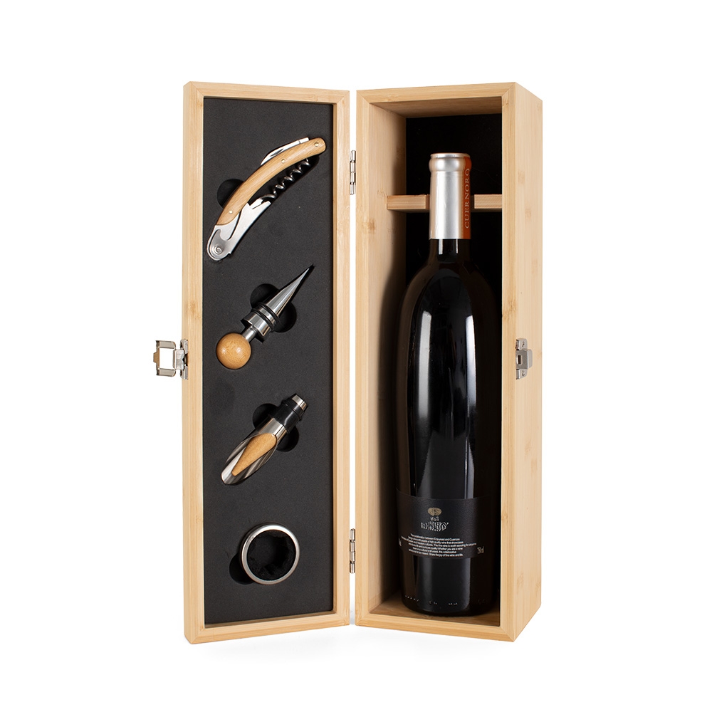 Kit Executivo Vinho Estojo Madeira de Bambu 4 Acessórios Inox e Bambu (saca-rolhas c-lâmina corte p-lacres e abridor garrafas, tampa bico, bico dosador com tampa, wine collar) S16351 - Imagem 2