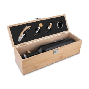 Kit Executivo Vinho Estojo Madeira de Bambu 4 Acessórios Inox e Bambu (saca-rolhas c-lâmina corte p-lacres e abridor garrafas, tampa bico, bico dosador com tampa, wine collar) S16351