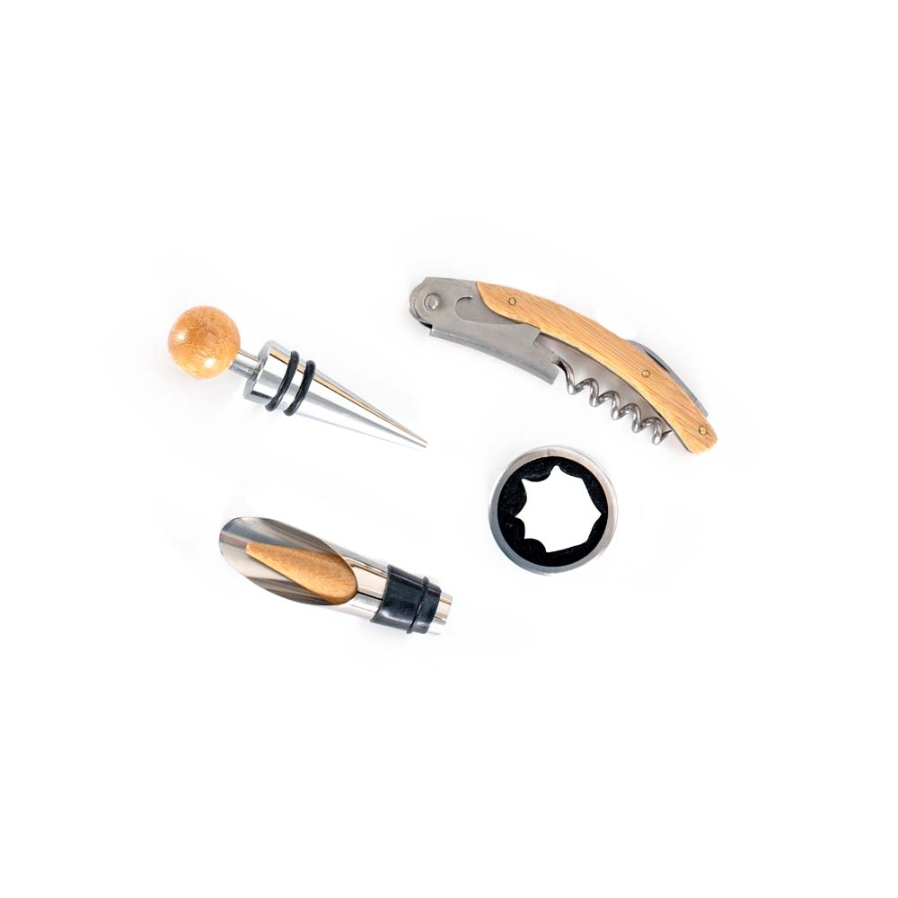 Kit Executivo Vinho Estojo Madeira de Bambu 4 Acessórios Inox e Bambu (saca-rolhas c-lâmina corte p-lacres e abridor garrafas, tampa bico, bico dosador com tampa, wine collar) S16351 - Imagem 5