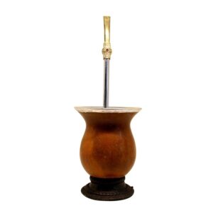 Cuia para Chimarrão e Bomba, Taça Lisa em Porongo Pézinho Ceramico e Bomba Metalica 21cm com Detalhe Dourado ou Prata Scuia