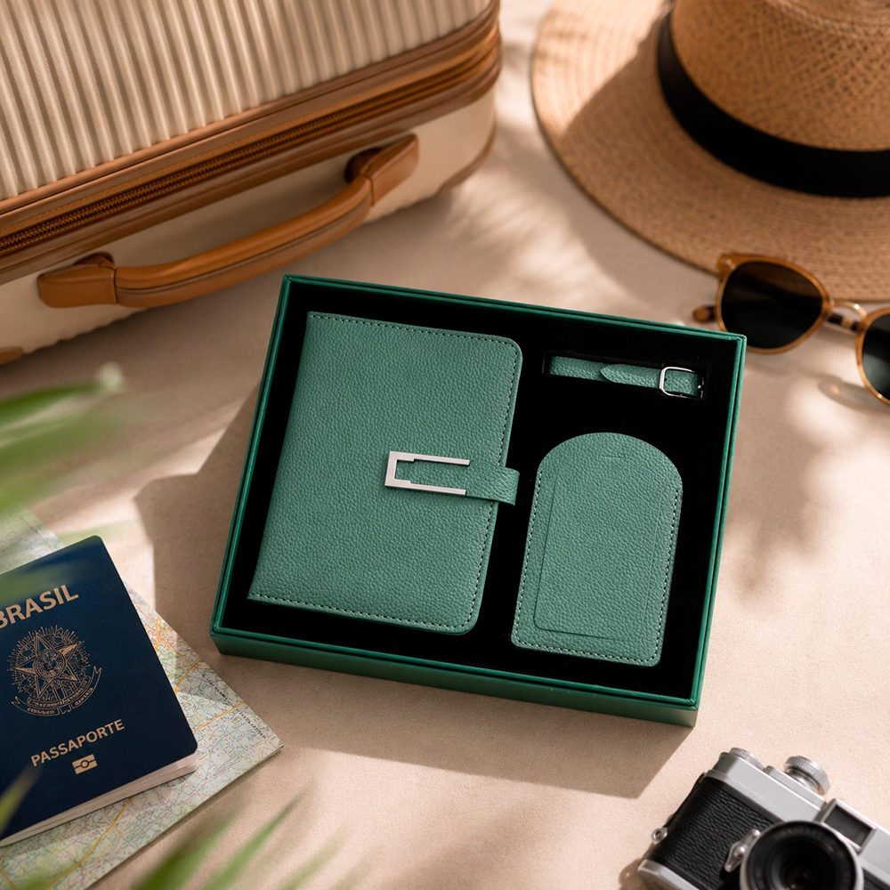 Kit Viagem Porta-passaporte e Cartões Tag Identificadora de Bagagem em PU com Caixa Presente S64191
