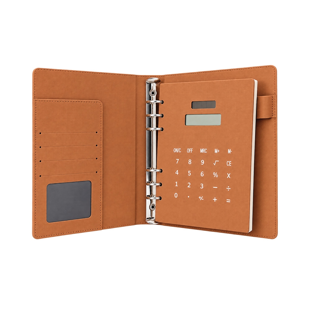 Caderno Fichário A5 Capa Dura PU 96f Seis Argolas Metal Porta Cartões, Documento, Caneta e Calculadora Solar S42390 - Imagem 3