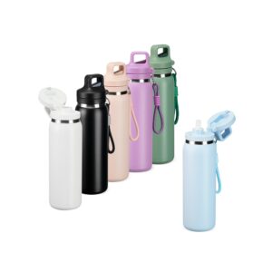 Garrafa Squeeze 600ml Térmica Modelo Similar com Canudo, Alça, Mosquetão, Parede Dupla Inox S08191