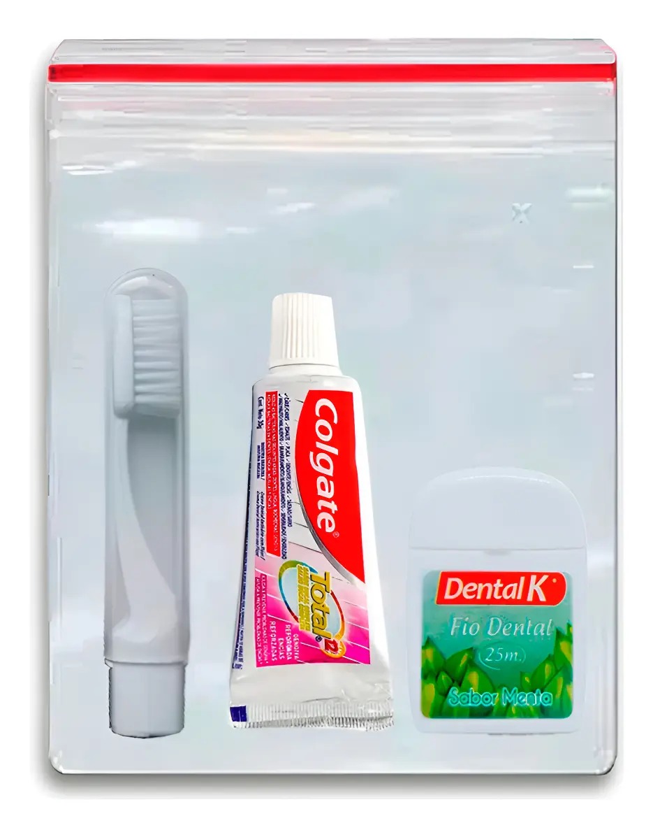 Kit Higiene Bucal p-Viagem Colgate com 1 creme dental Colgate 30gr, 1 Escova de Dentes c-Capa Protetora, 1 Fio Dental 25mt e 1 Embalagem Zip Lock Tam 12x17cm Shigiene