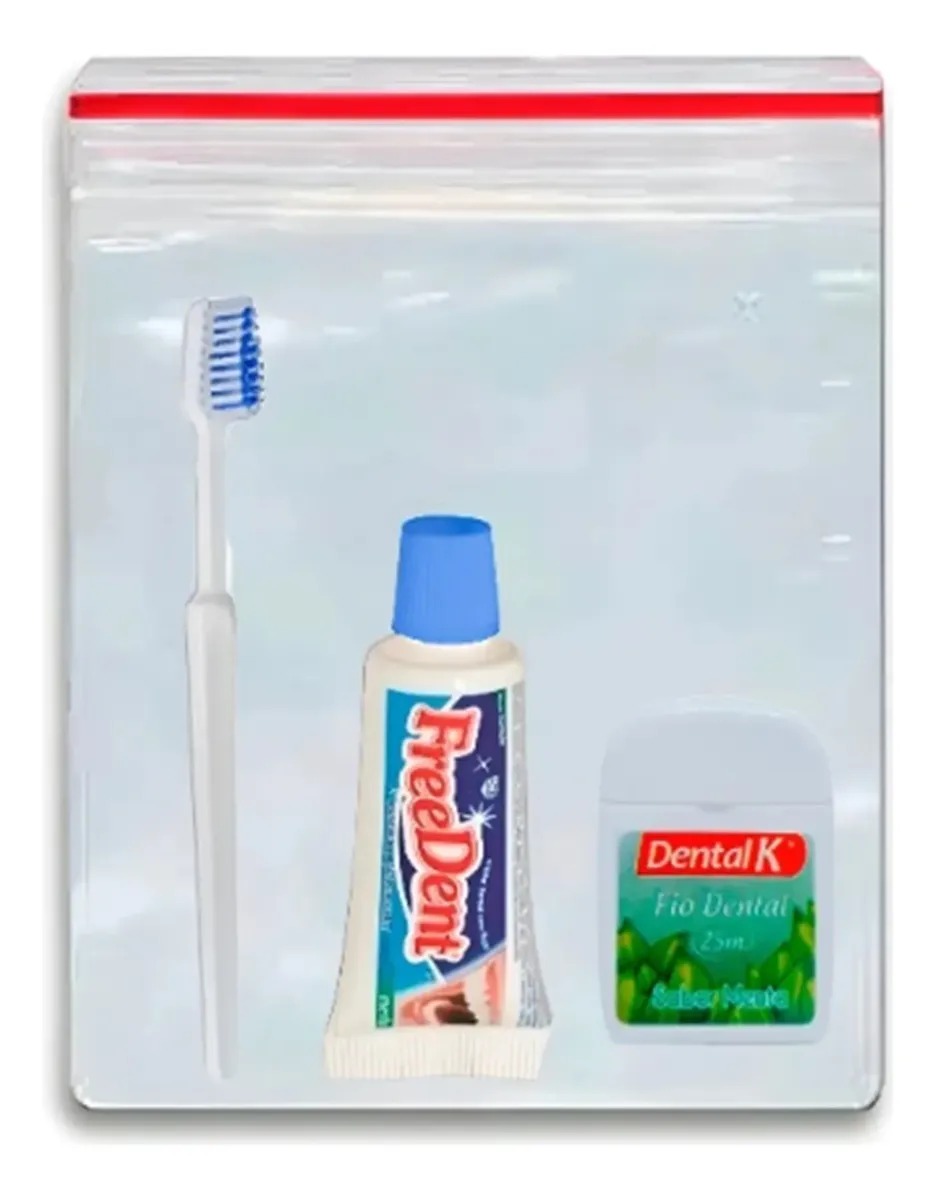 Kit Higiene Bucal p-Viagem Free Dent com 1 creme dental 30gr, 1 Escova de Dentes, 1 Fio Dental 25mt e 1 Embalagem Zip Lock Tam 12x17cm Shigiene