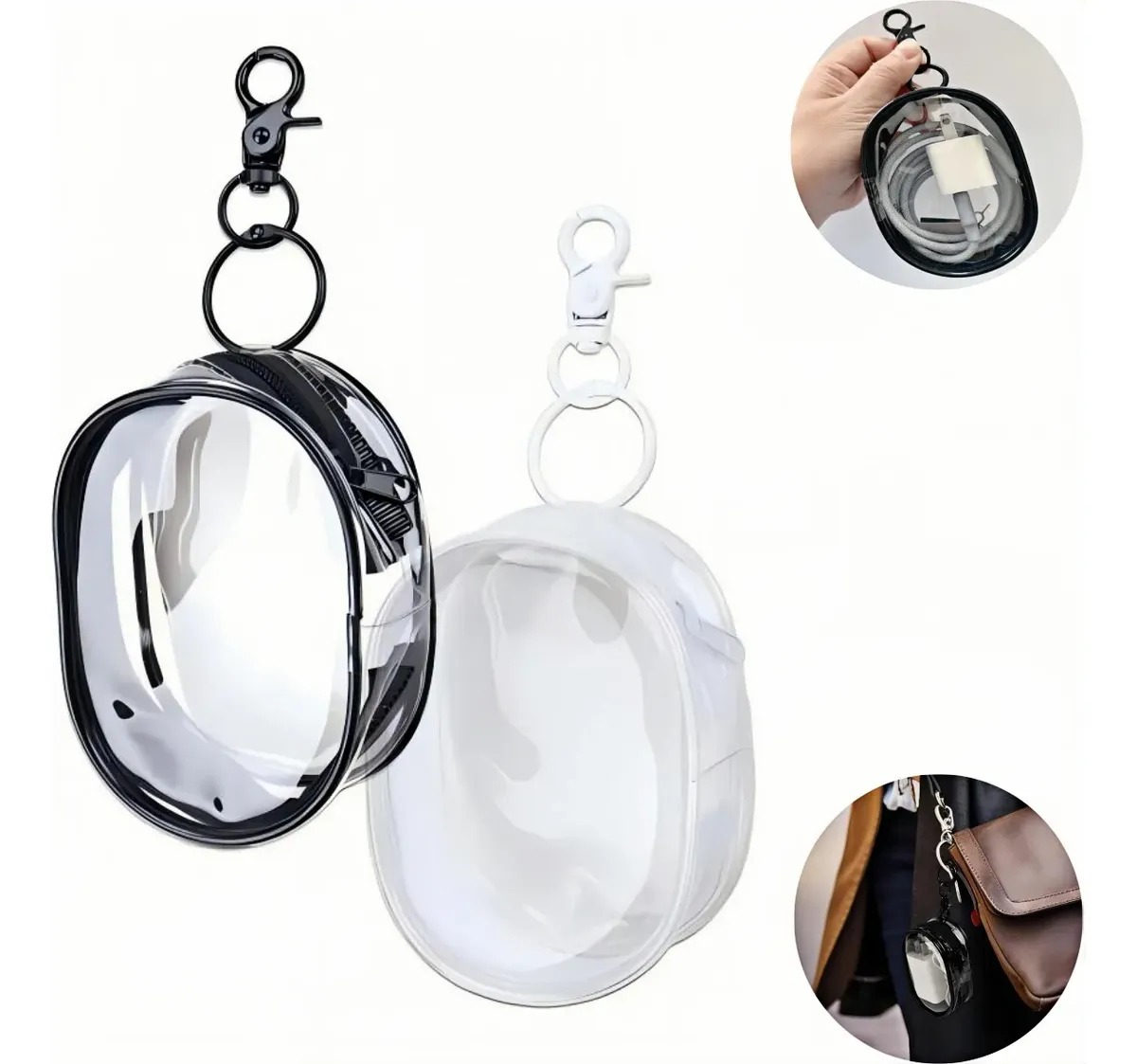 Estojo Mini Necessaire Porta-fone Cabos PVC Transparente com Mosquetão Tam 10x6cm Sestojo
