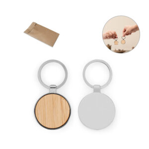 Chaveiro Redondo em Zinco e Bambu com Bolsa Kraft p-presente Sg91159