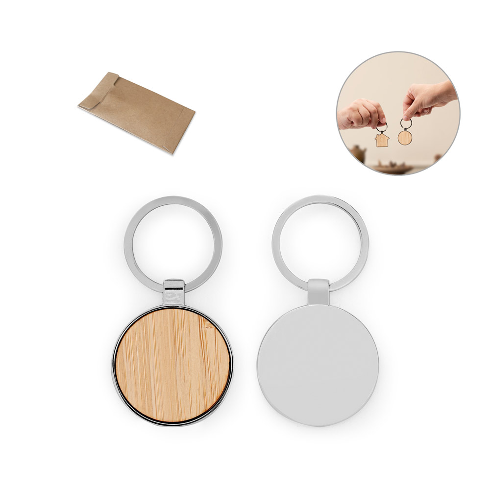 Chaveiro Redondo em Zinco e Bambu com Bolsa Kraft p-presente Sg91159