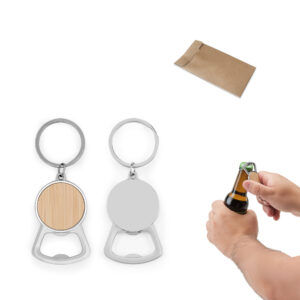 Chaveiro Redondo Abridor Bambu e Zinco Bolsa Kraft p-presente Sg02159