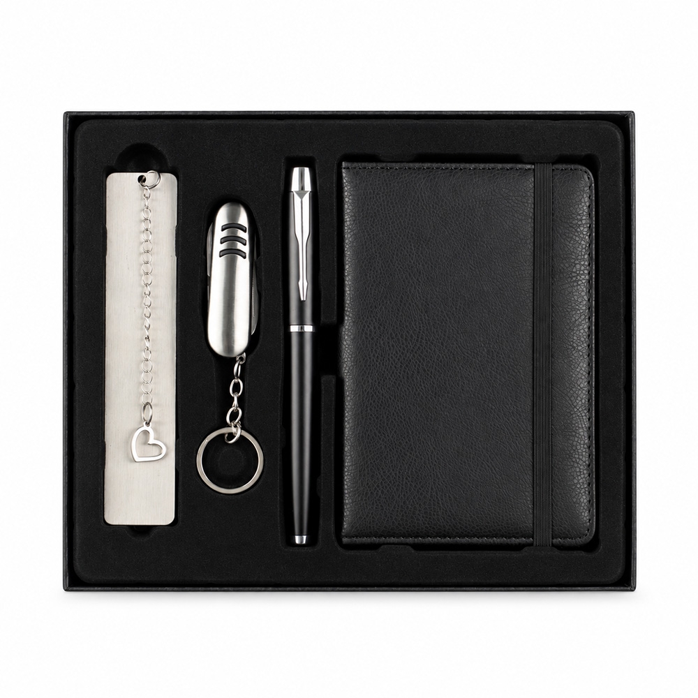 Conjunto Kit Executivo 3 Itens Caderno Moleskine B6 Caneta Canivete e Marca-página Metálicos com Estojo p-presente Tam 21x18cm S83291