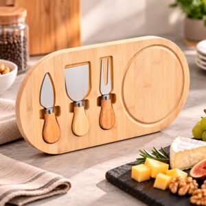 Kit Queijo e Aperitivos 4 Peças Bambu Tábua c-Ímã Faca, Espátula e Garfo M:32x18cm Sb22230 - G: 36x18cm Sg22230